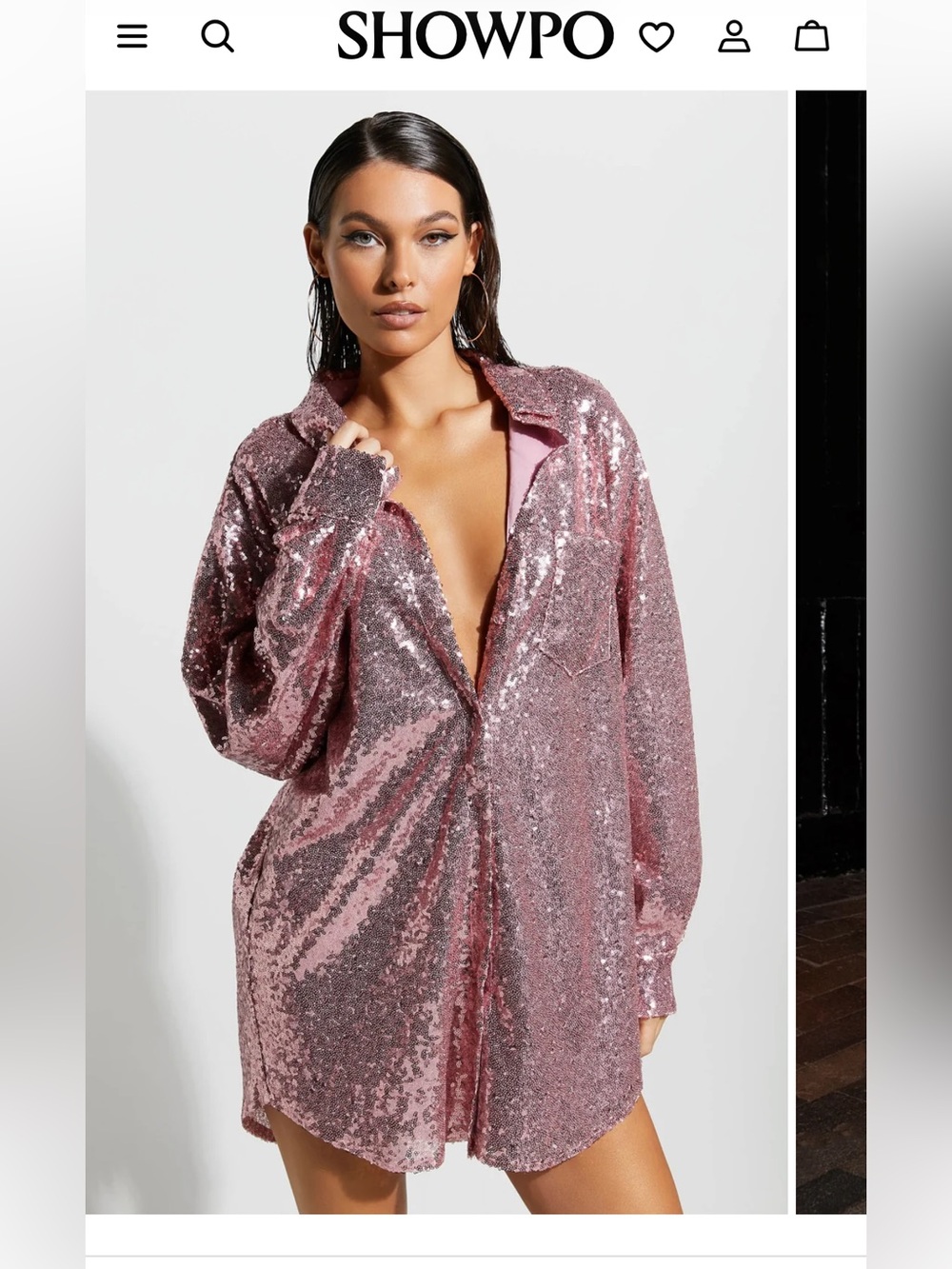 Showpo Pink Sequin Long Sleeve Shirt Dress